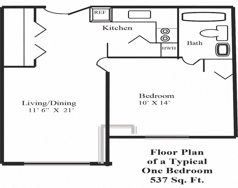 1x1 Villa San Carlos apartments in Port Charolette, FL one bedroom one bathroom floor plan